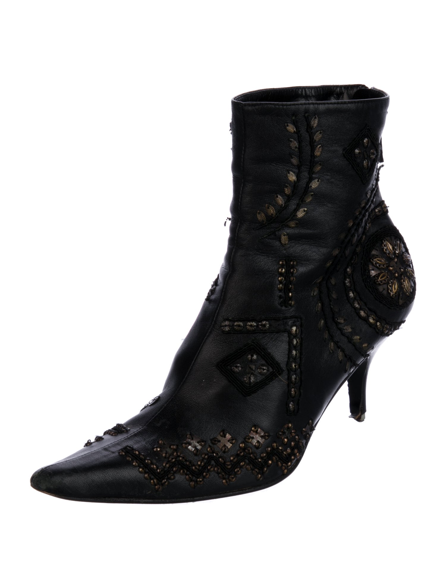 Oscar de la Renta Leather Beaded Accents Boots