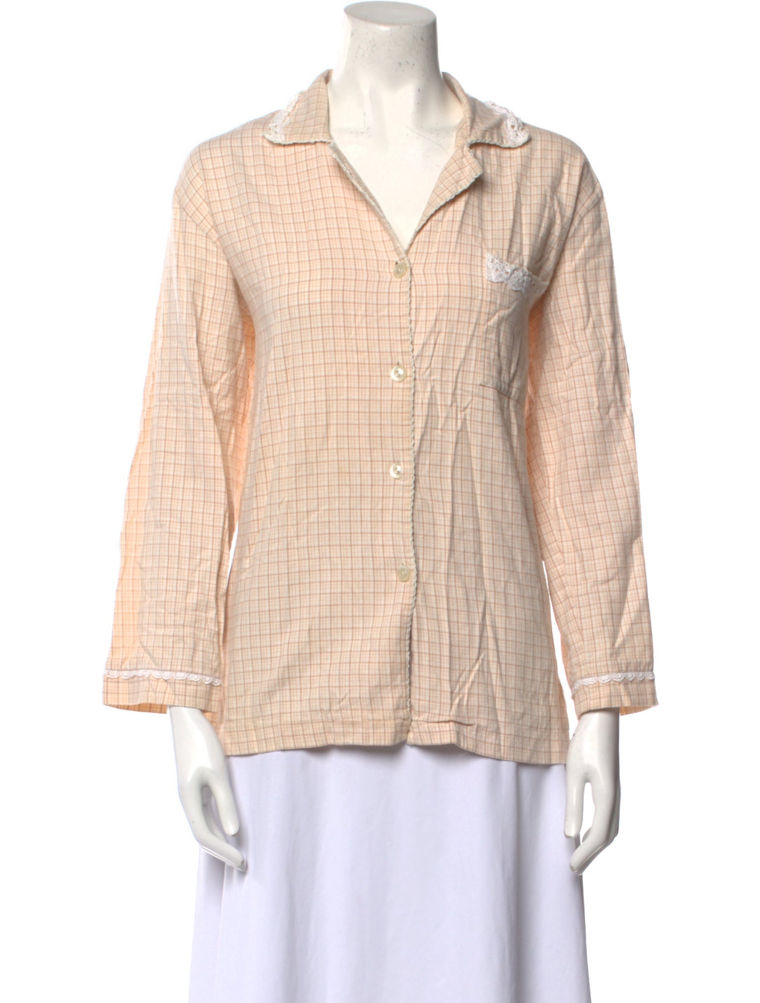 Oscar de la Renta Plaid Print Three-Quarter Sleeve Button-Up Top