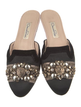Oscar de la Renta Satin Beaded Accents Mules