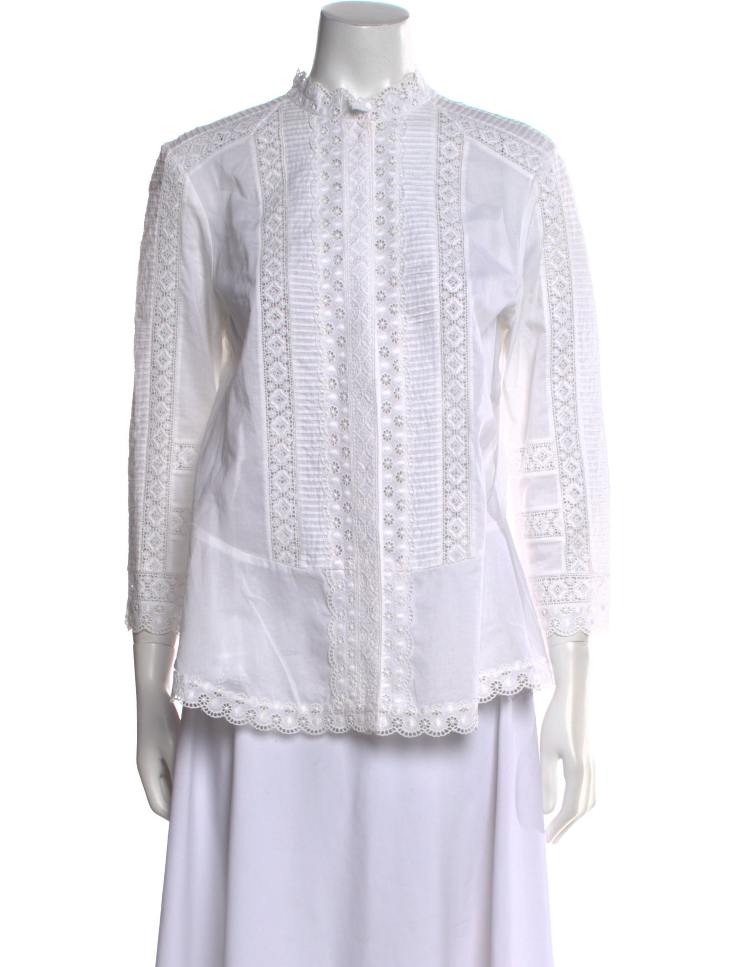 Oscar de la Renta Mock Neck Long Sleeve Button-Up Top