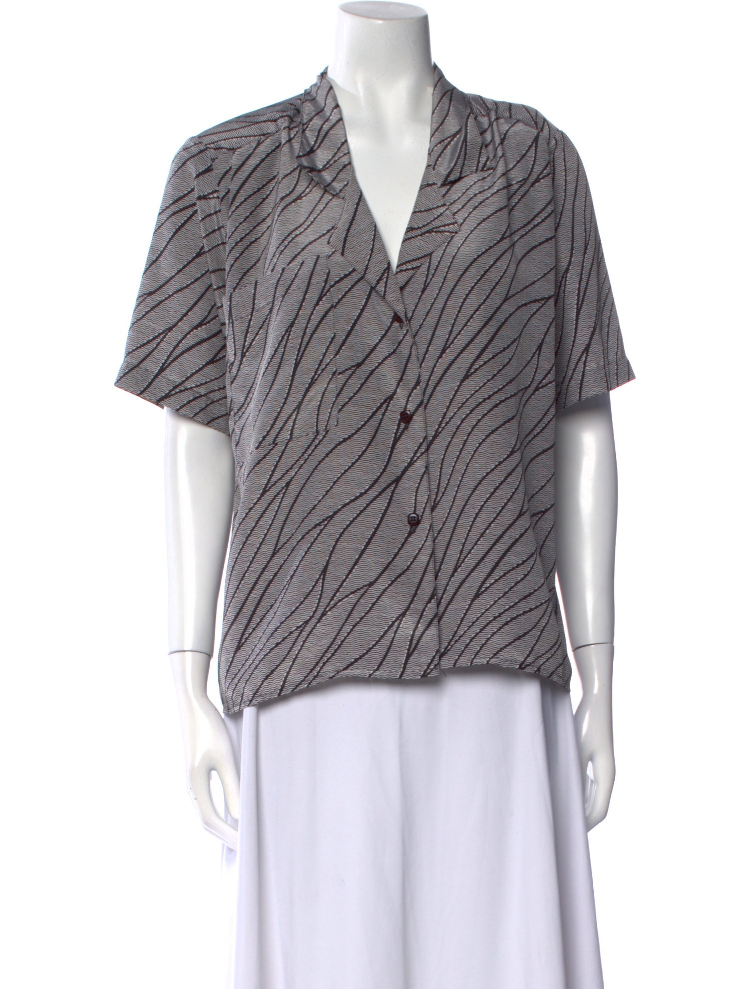 Oscar de la Renta Striped Short Sleeve Button-Up Top