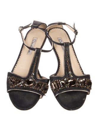Oscar de la Renta Denim Crystal Embellishments T-Strap Sandals