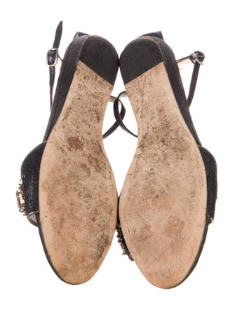 Oscar de la Renta Denim Crystal Embellishments T-Strap Sandals