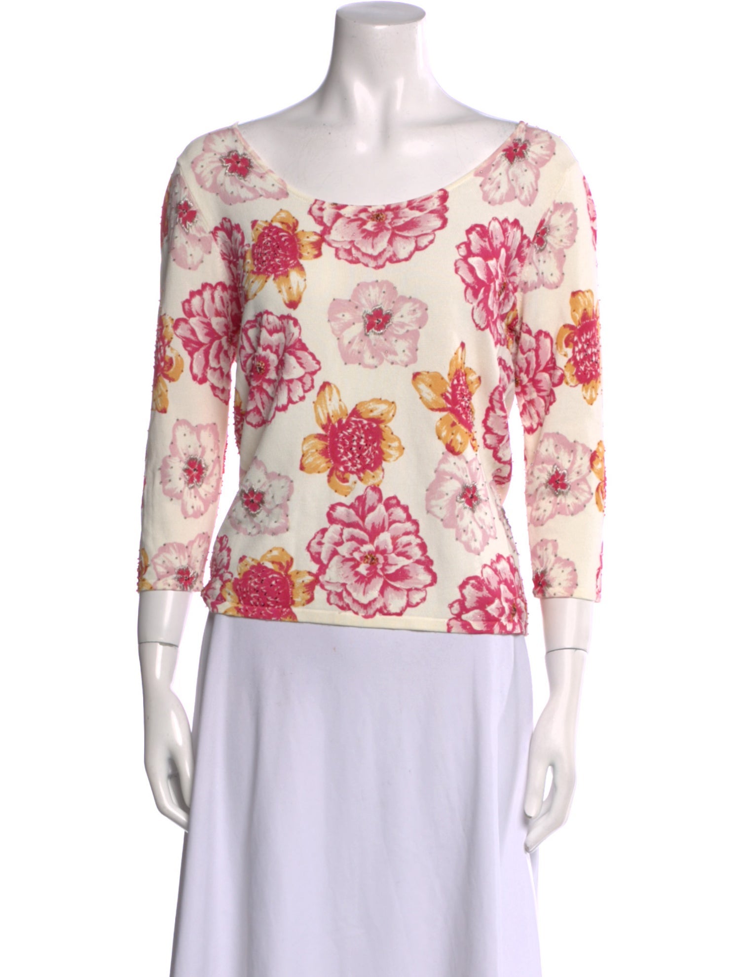 Oscar de la Renta Floral Print Bateau Neckline Blouse