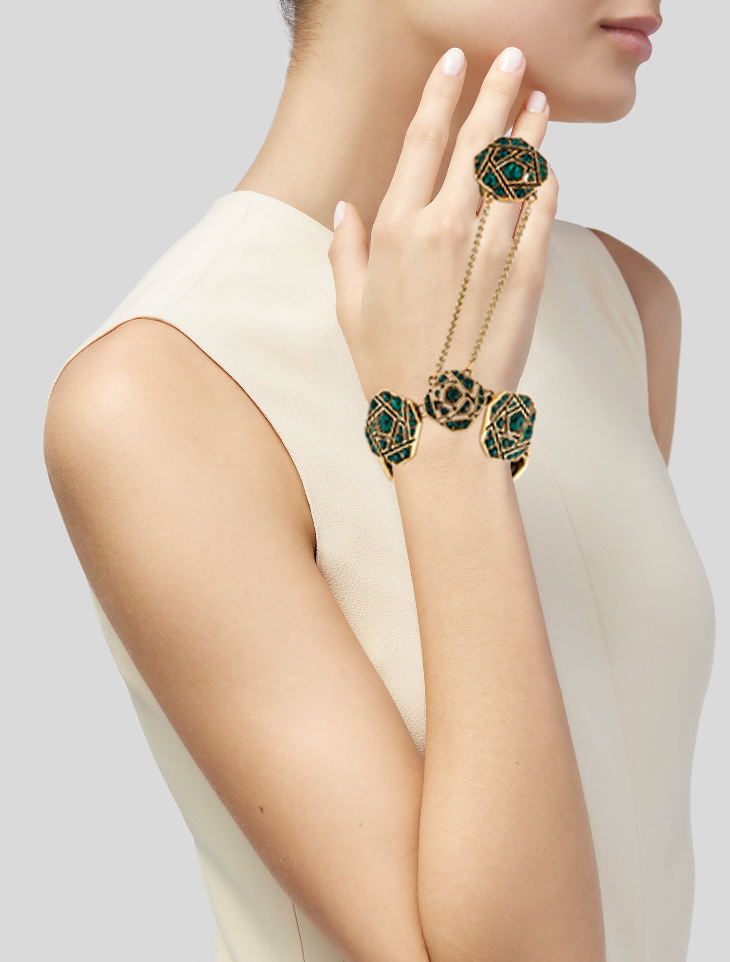 Oscar de la Renta Crystal Bracelet & Ring Hand Chain