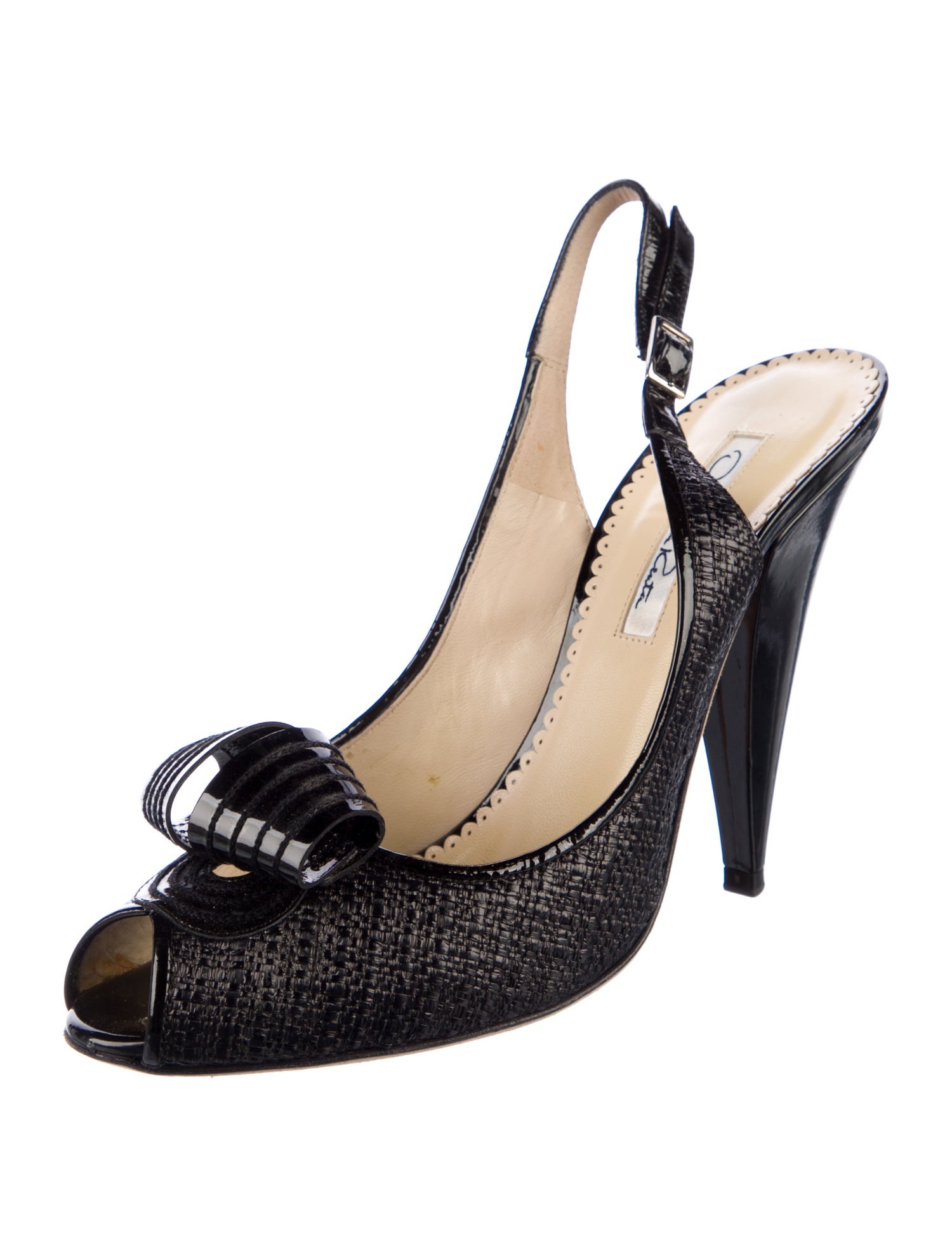 Oscar de la Renta Raffia Bow Accents Slingback Pumps