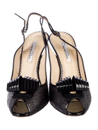 Oscar de la Renta Raffia Bow Accents Slingback Pumps