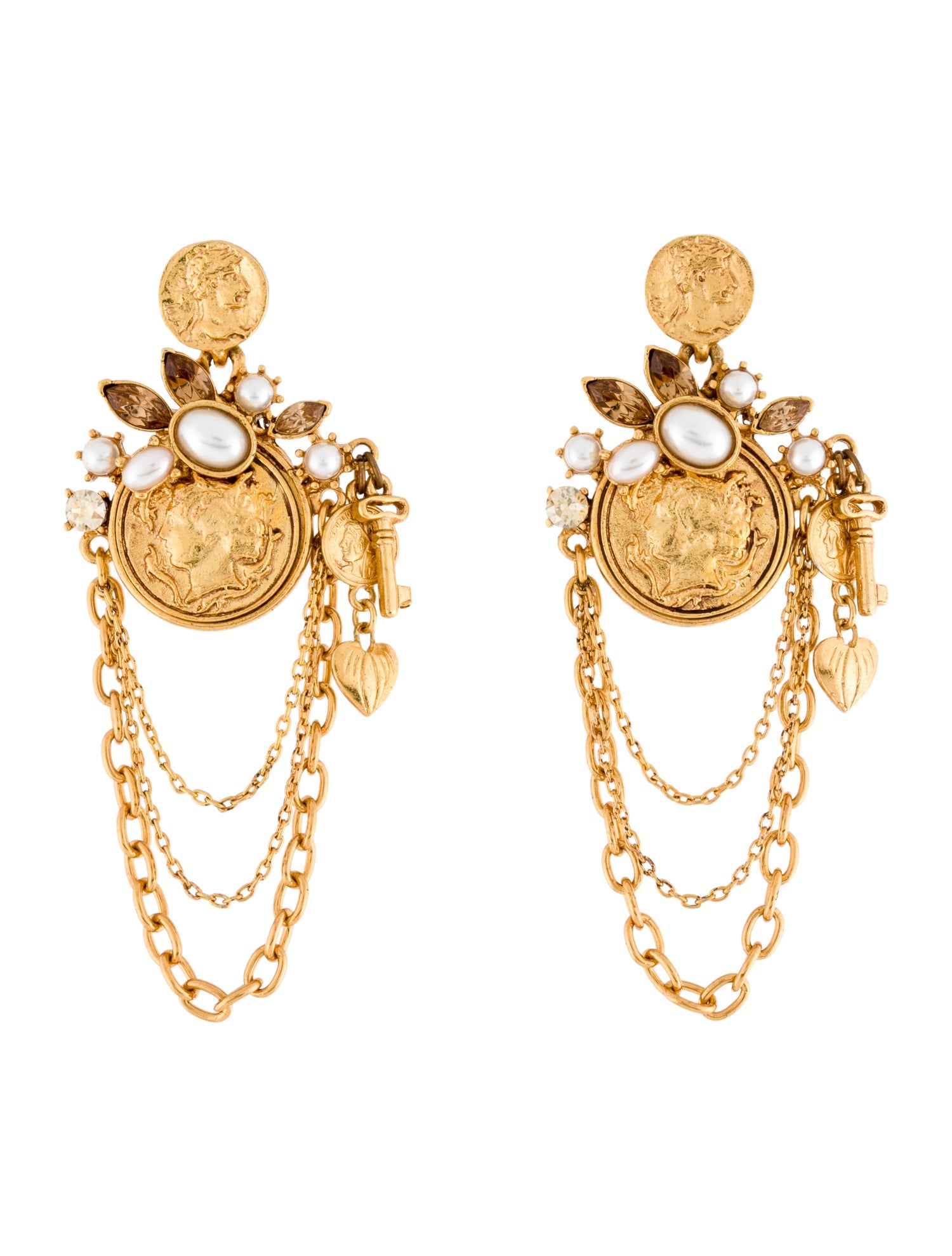 Oscar de la Renta Faux Pearl & Crystal Coin Drop Earrings