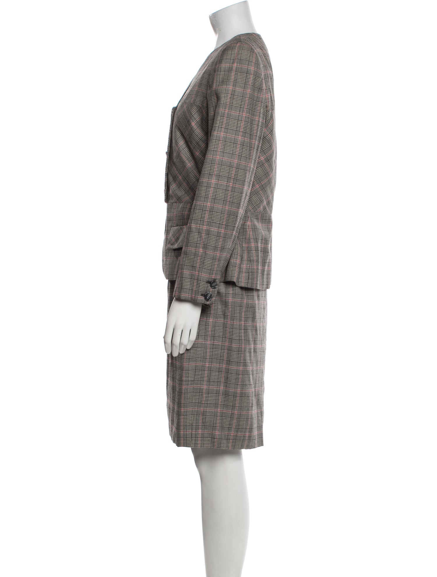 Oscar de la Renta Wool Plaid Print Skirt Suit