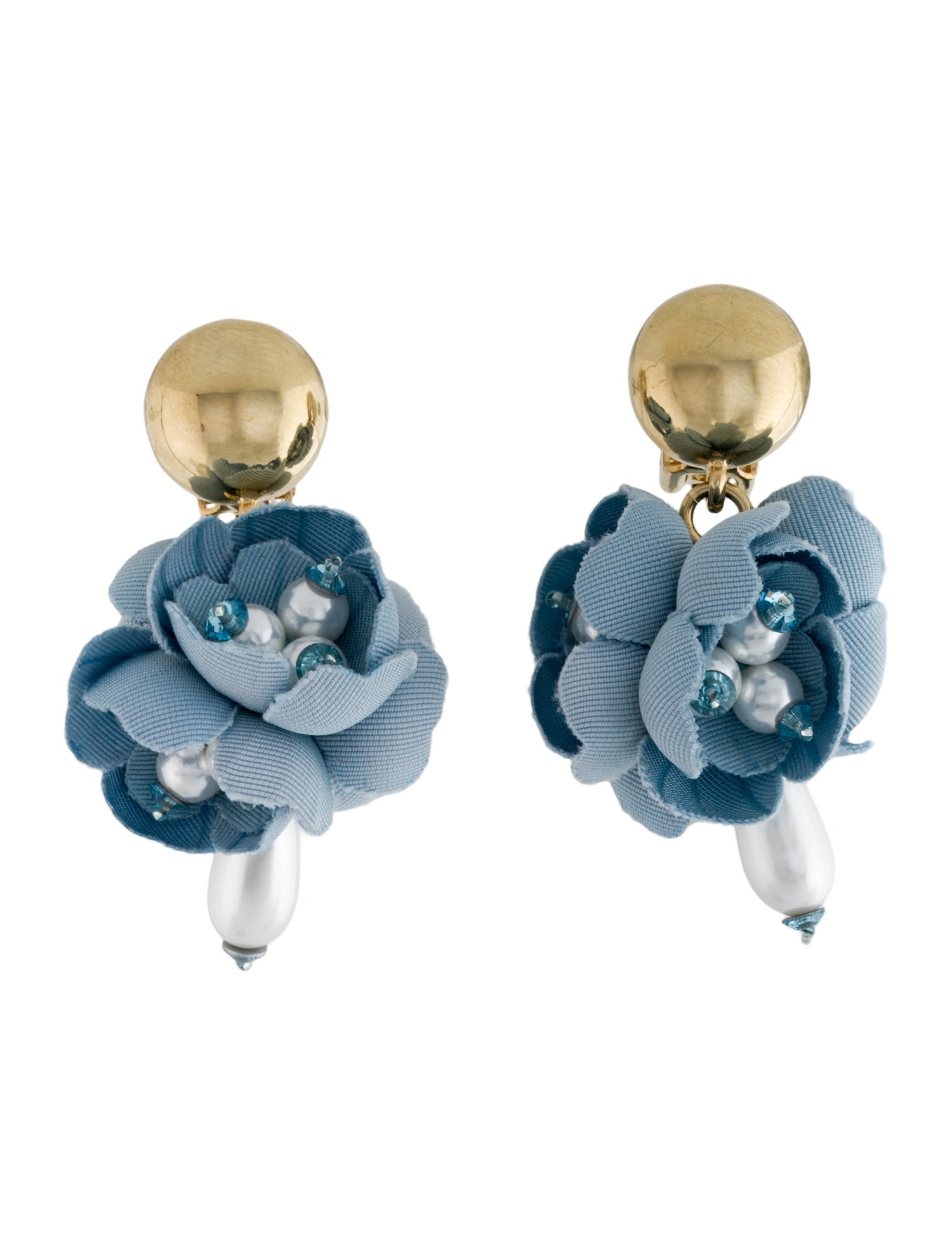 Oscar de la Renta Crystal, Fabric & Faux Pearl Flower Clip-On Earrings
