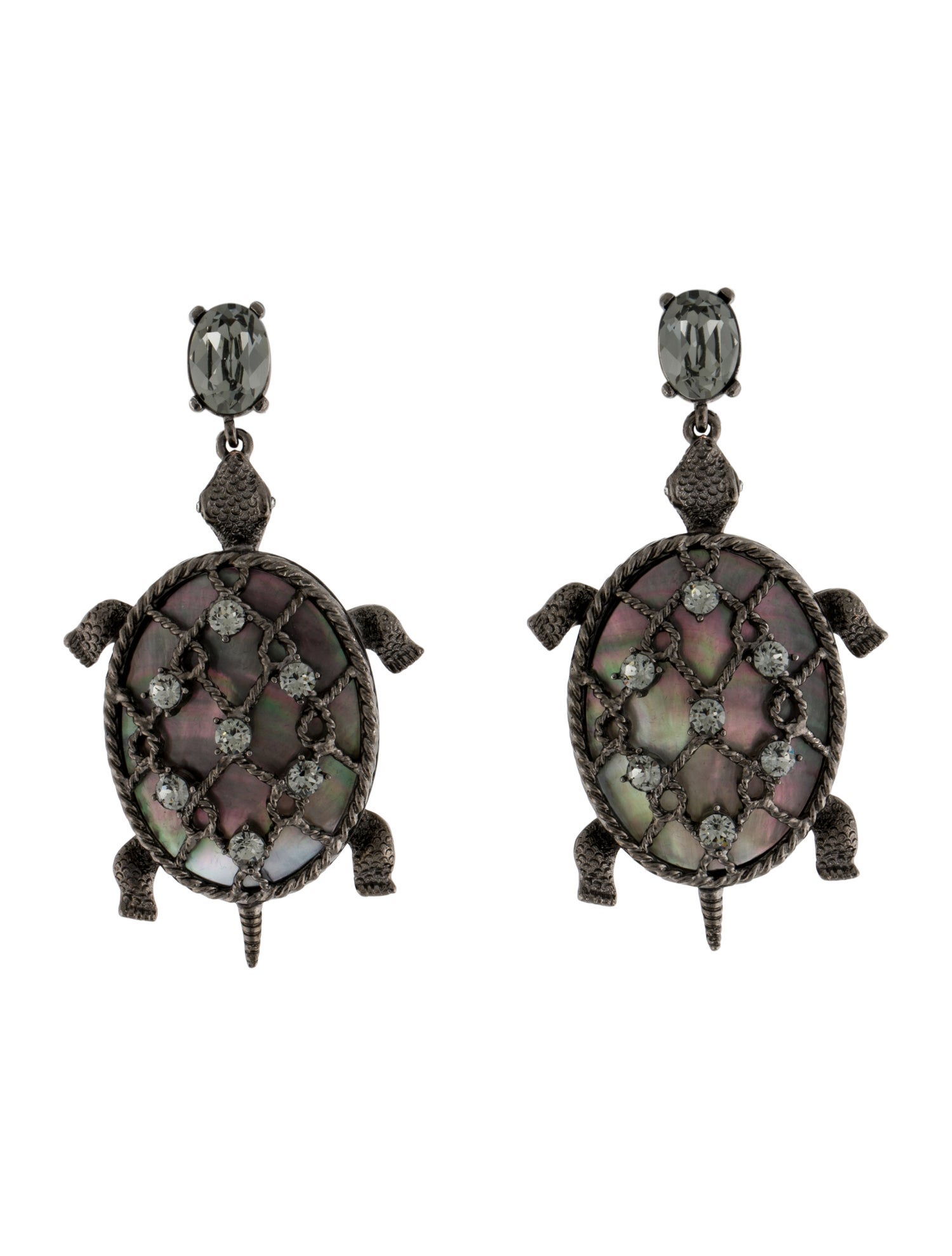 Oscar de la Renta Crystal & Mother Of Pearl Turtle Clip-On Earrings