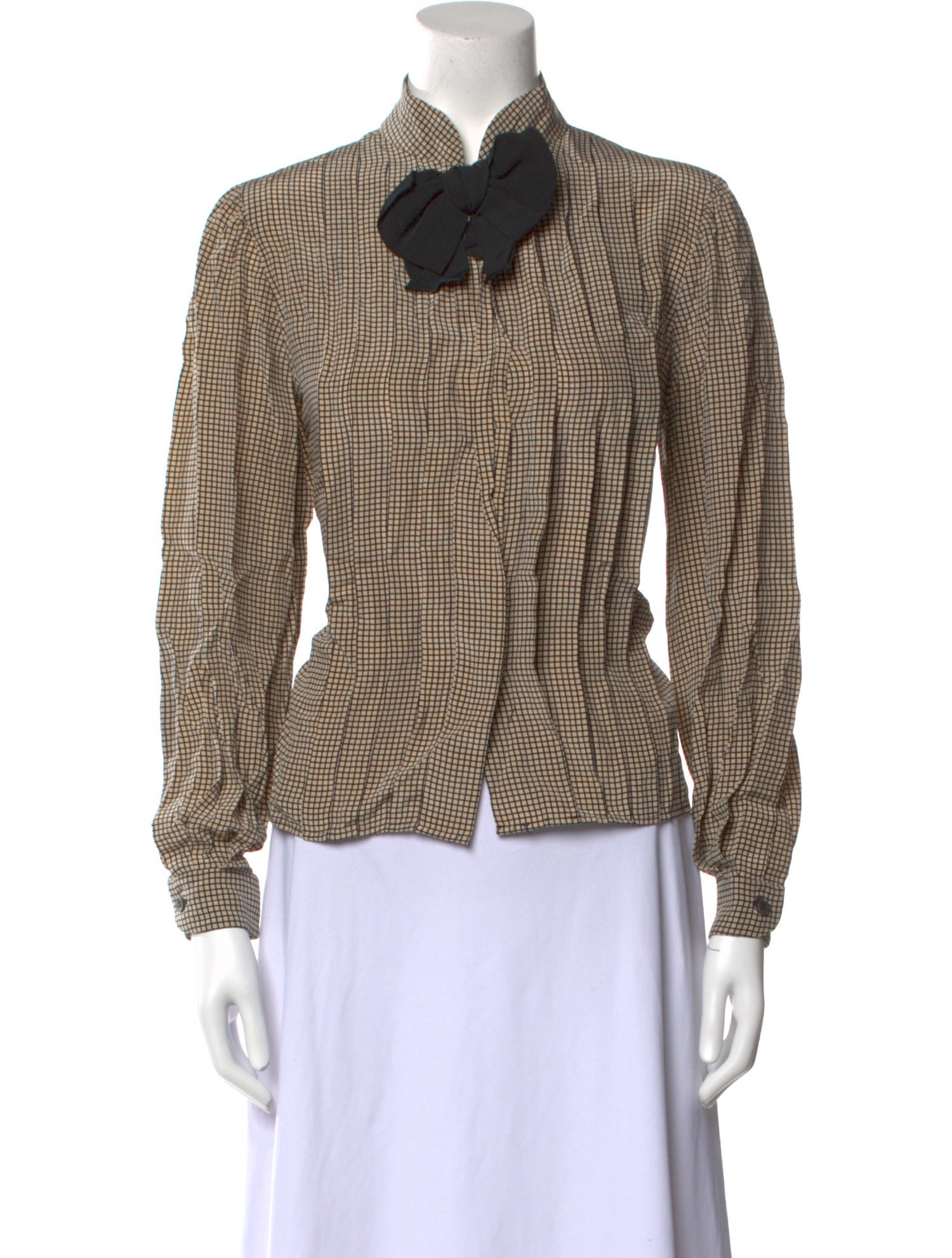 Oscar de la Renta Plaid Print Mock Neck Button-Up Top