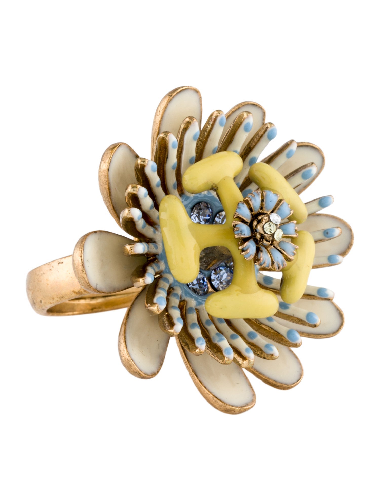 Oscar de la Renta Enamel & Crystal Flower Cocktail Ring