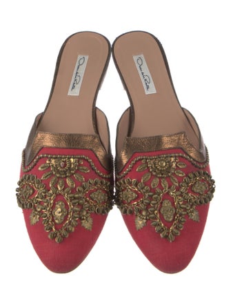 Oscar de la Renta Canvas Beaded Accents Mules