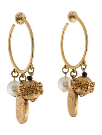 Oscar de la Renta Faux Pearl & Coin Charm Hoop Earrings