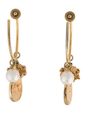 Oscar de la Renta Faux Pearl & Coin Charm Hoop Earrings