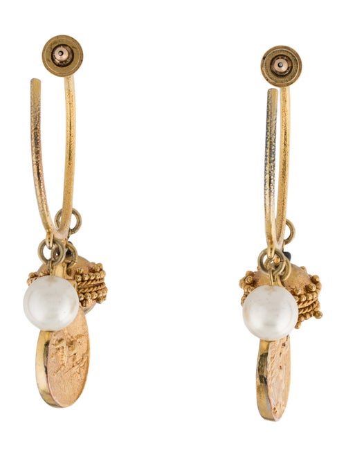 Oscar de la Renta Faux Pearl & Coin Charm Hoop Earrings