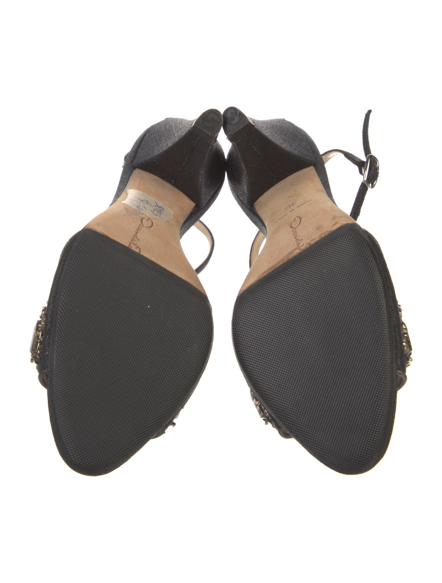 Oscar de la Renta Canvas Crystal Embellishments T-Strap Pumps