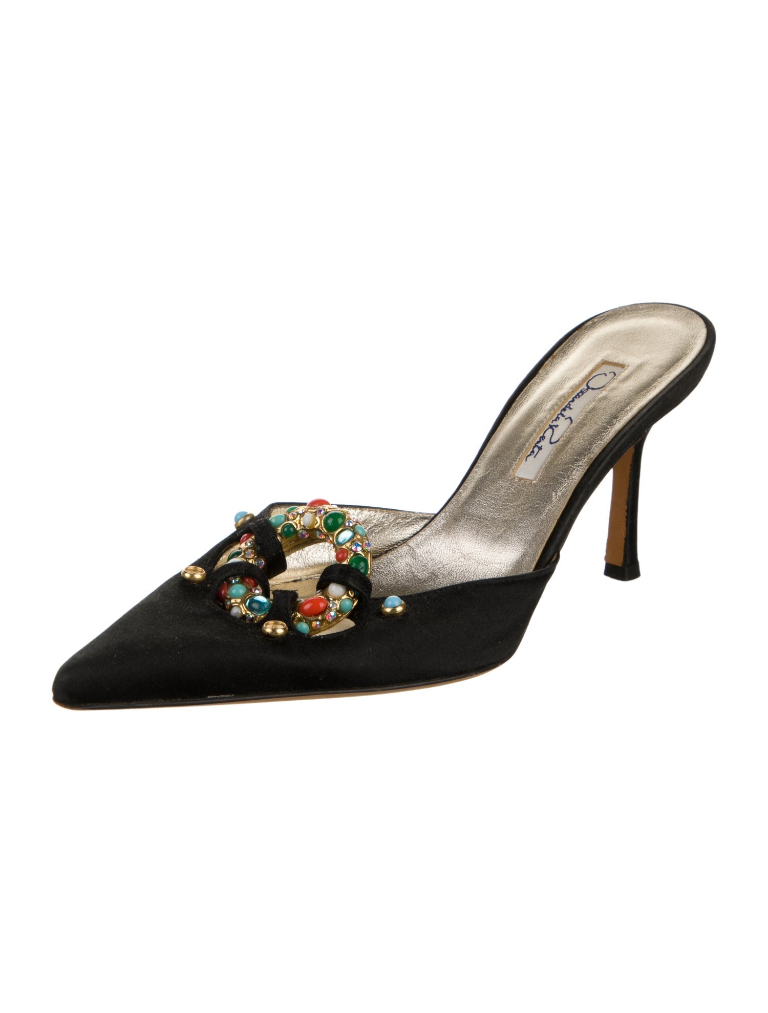 Oscar de la Renta Satin Crystal Embellishments Mules