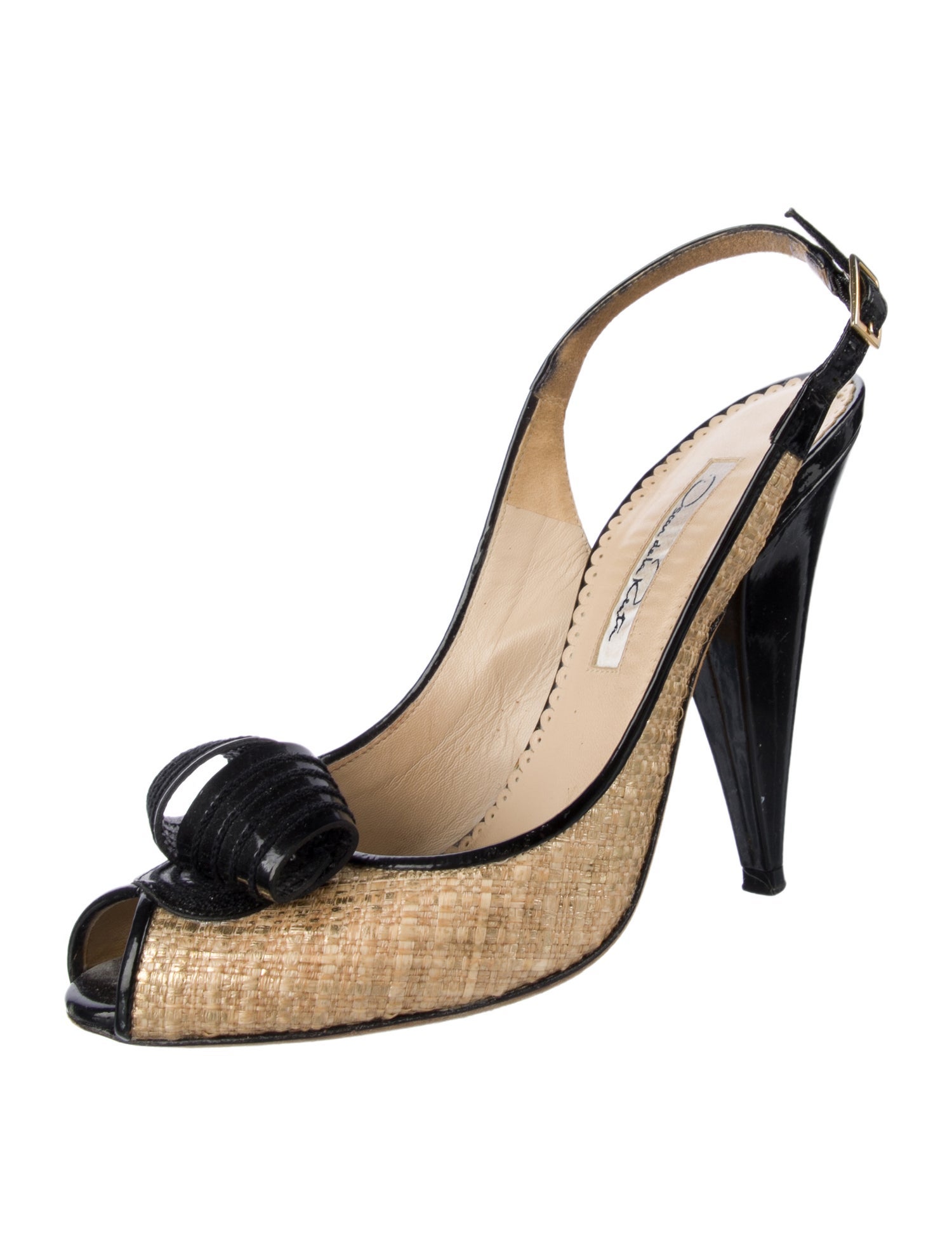 Oscar de la Renta Straw Floral Print Slingback Pumps