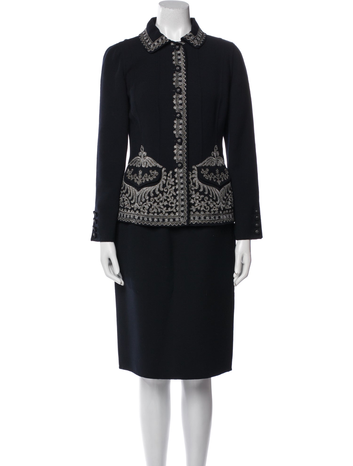 Oscar de la Renta Wool Embroidered Accent Skirt Set