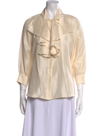 Oscar de la Renta Silk Three-Quarter Sleeve Button-Up Top