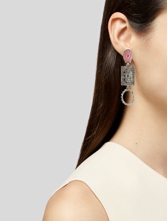 Oscar de la Renta Enamel & Crystal Drop Clip-On Earrings