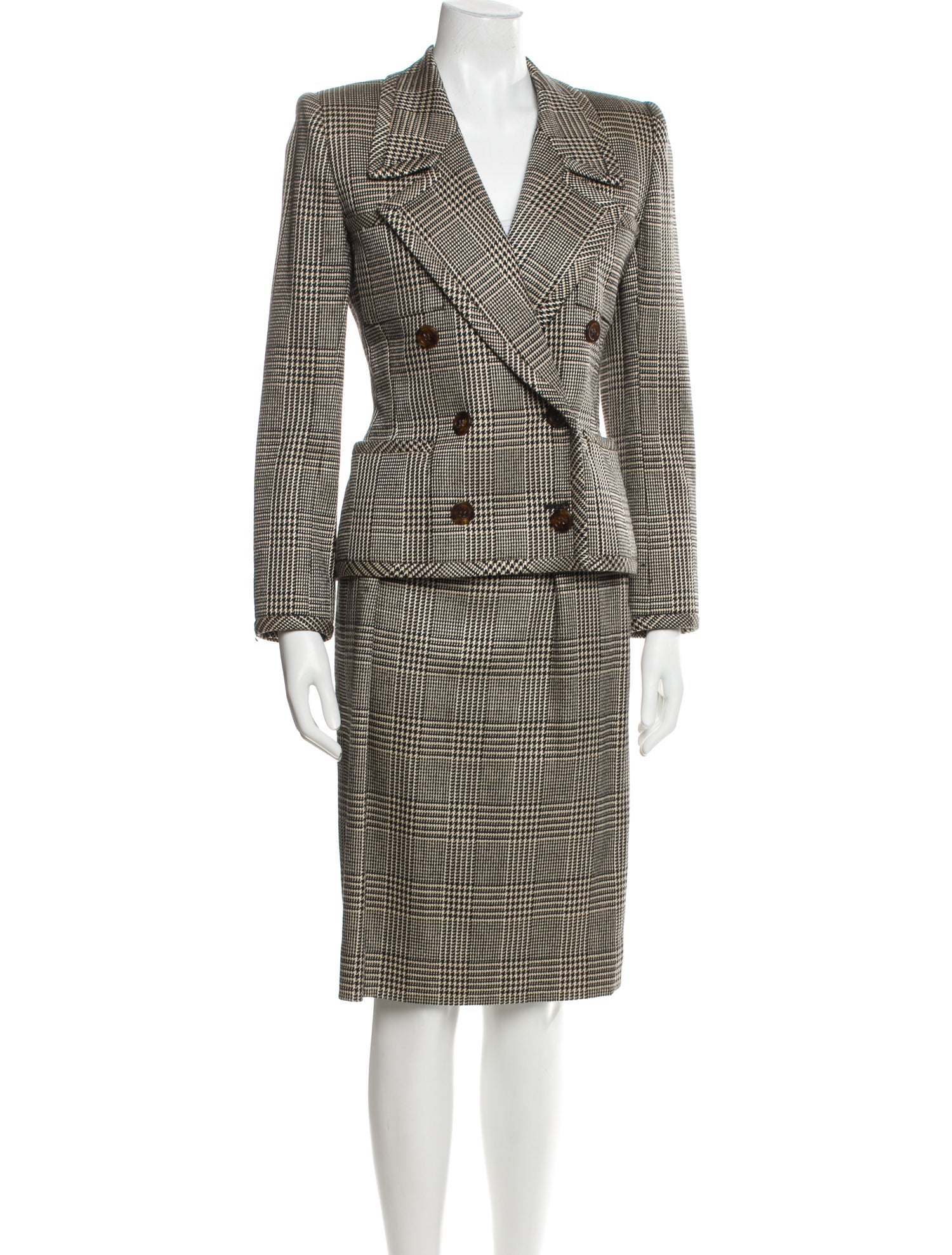 Oscar de la Renta Wool Plaid Print Skirt Suit