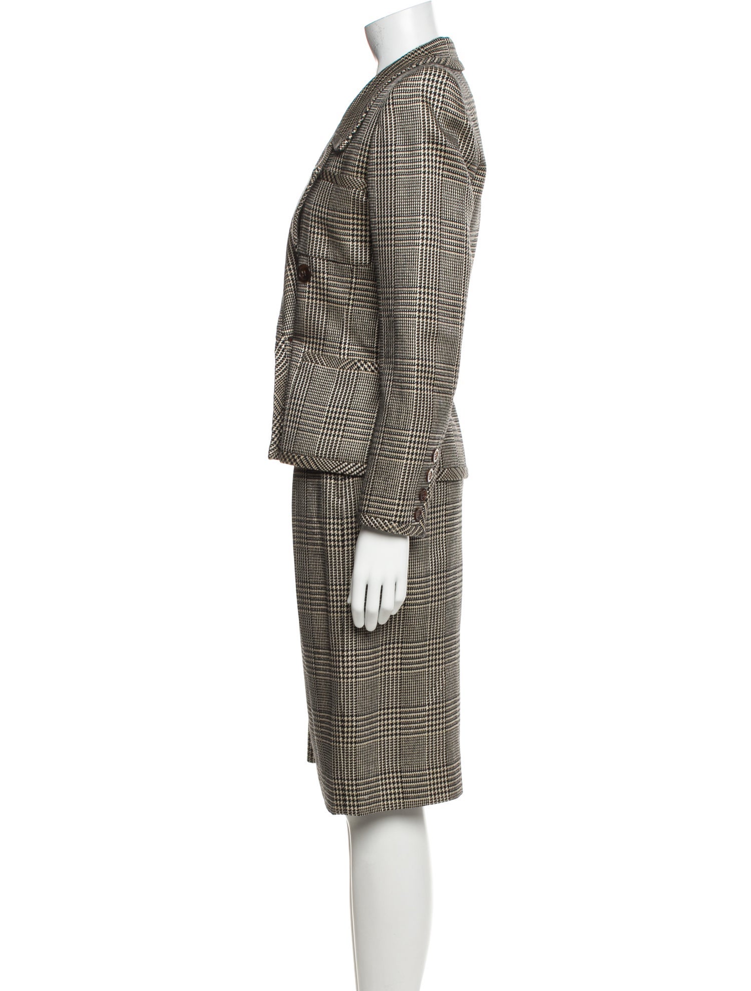 Oscar de la Renta Wool Plaid Print Skirt Suit