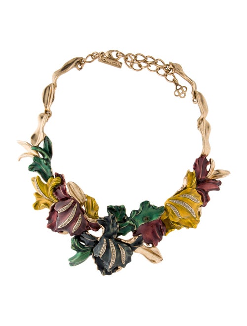 Oscar de la Renta Crystal & Lacquer Flower Statement Necklace