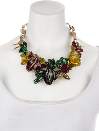 Oscar de la Renta Crystal & Lacquer Flower Statement Necklace