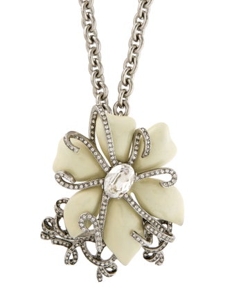 Oscar de la Renta Crystal & Enamel Flower Brooch Pendant Necklace