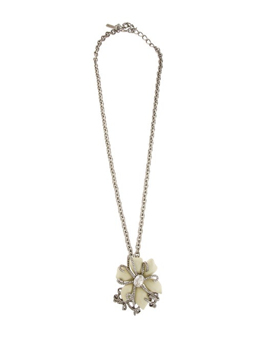 Oscar de la Renta Crystal & Enamel Flower Brooch Pendant Necklace