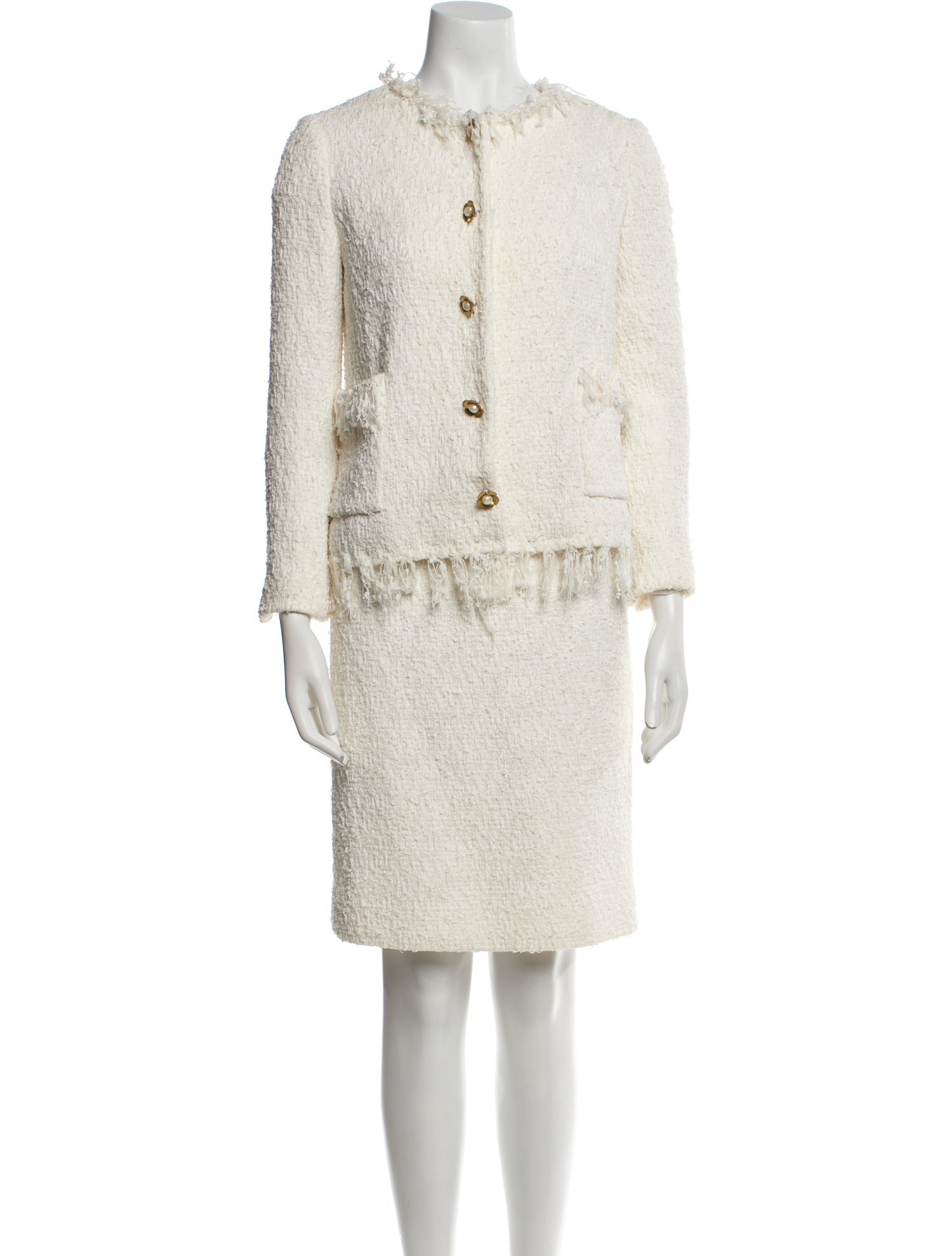 Oscar de la Renta Tweed Pattern Fringe Trim Accent Skirt Suit