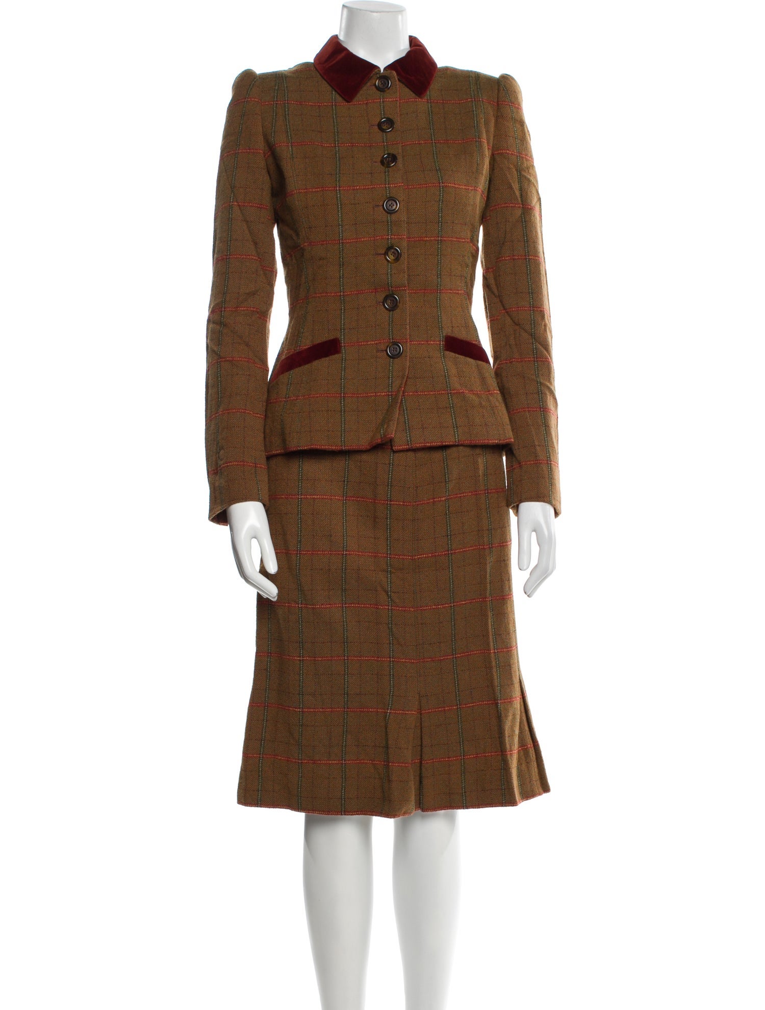 Oscar de la Renta Plaid Print Skirt Suit