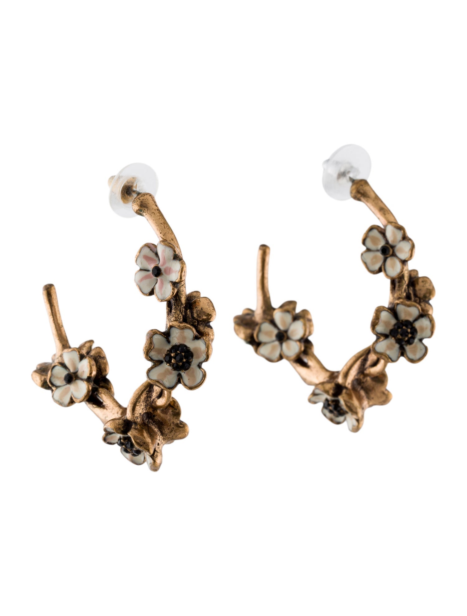 Oscar de la Renta Crystal & Enamel Floral Hoop Earrings