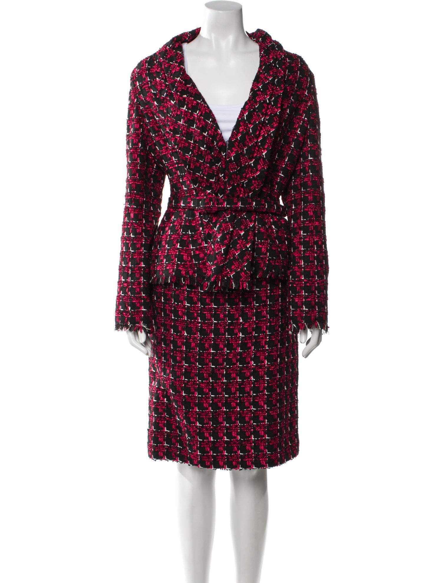 Oscar de la Renta Printed Fringe Trim Accent Skirt Suit