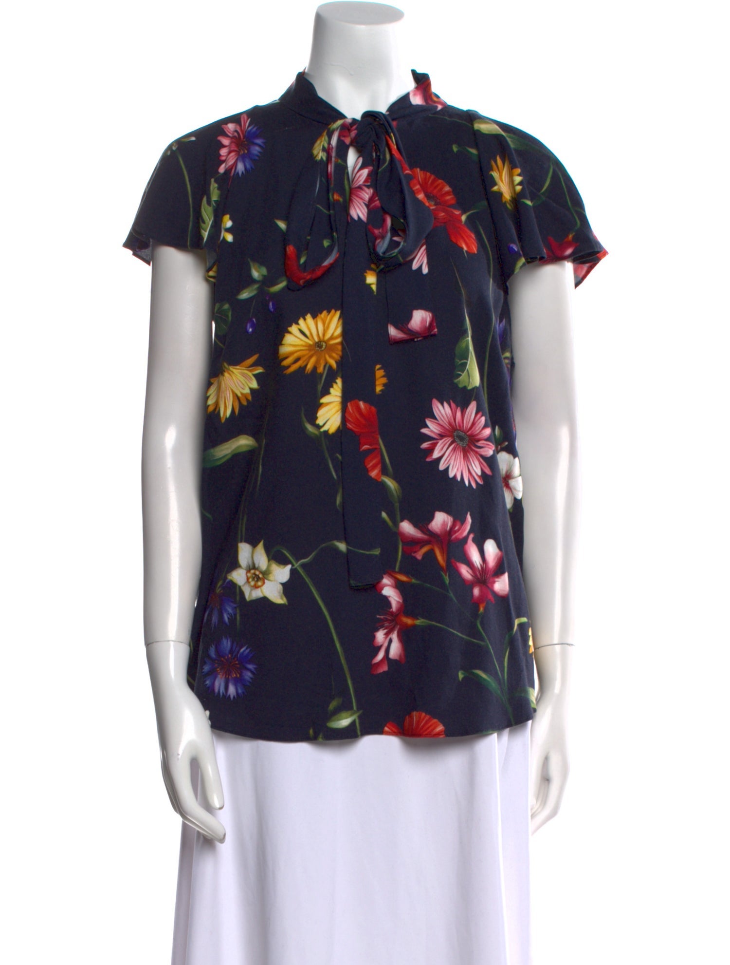 Oscar de la Renta Floral Print Mock Neck Blouse