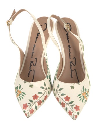 Oscar de la Renta Leather Floral Print Slingback Pumps