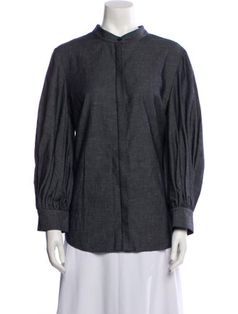 Oscar de la Renta Mock Neck Long Sleeve Button-Up Top
