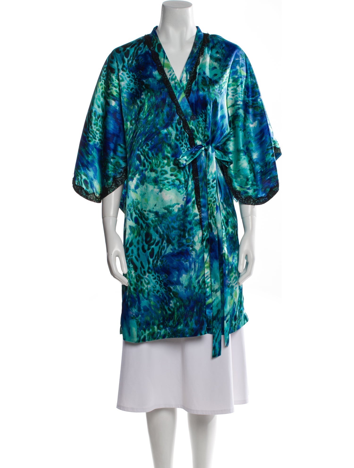 Oscar de la Renta Printed Lace Trim Embellishment Robe