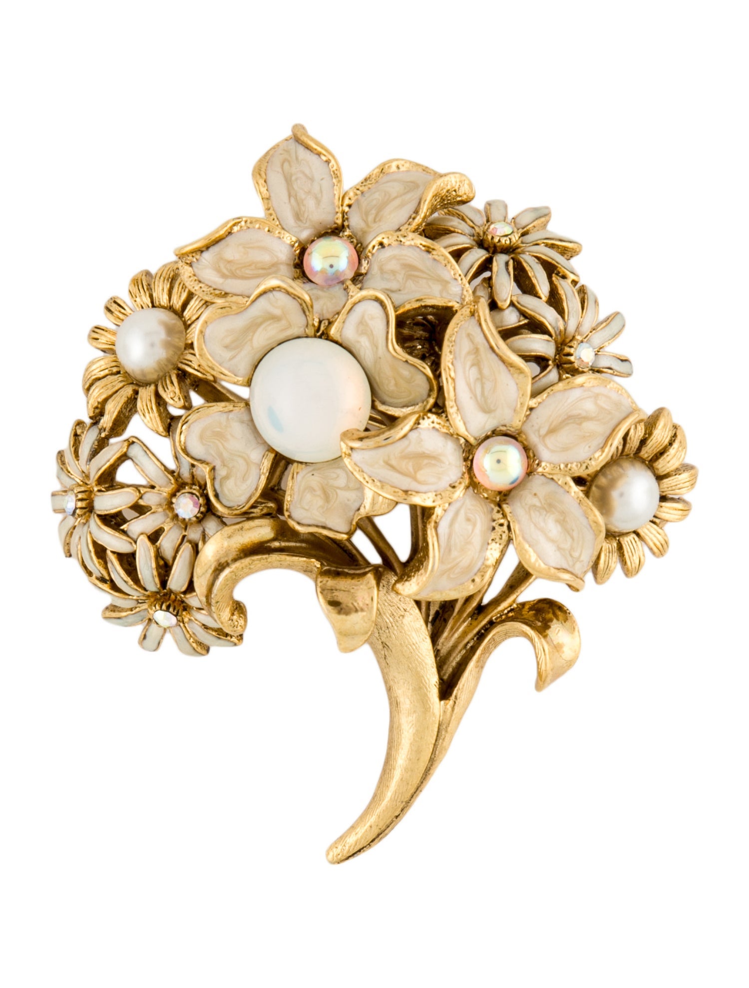 Oscar de la Renta Faux Pearl, Crystal & Enamel Flower Bouquet Brooch Pin