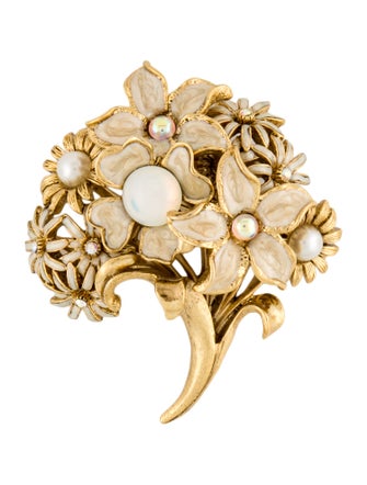 Oscar de la Renta Faux Pearl, Crystal & Enamel Flower Bouquet Brooch Pin