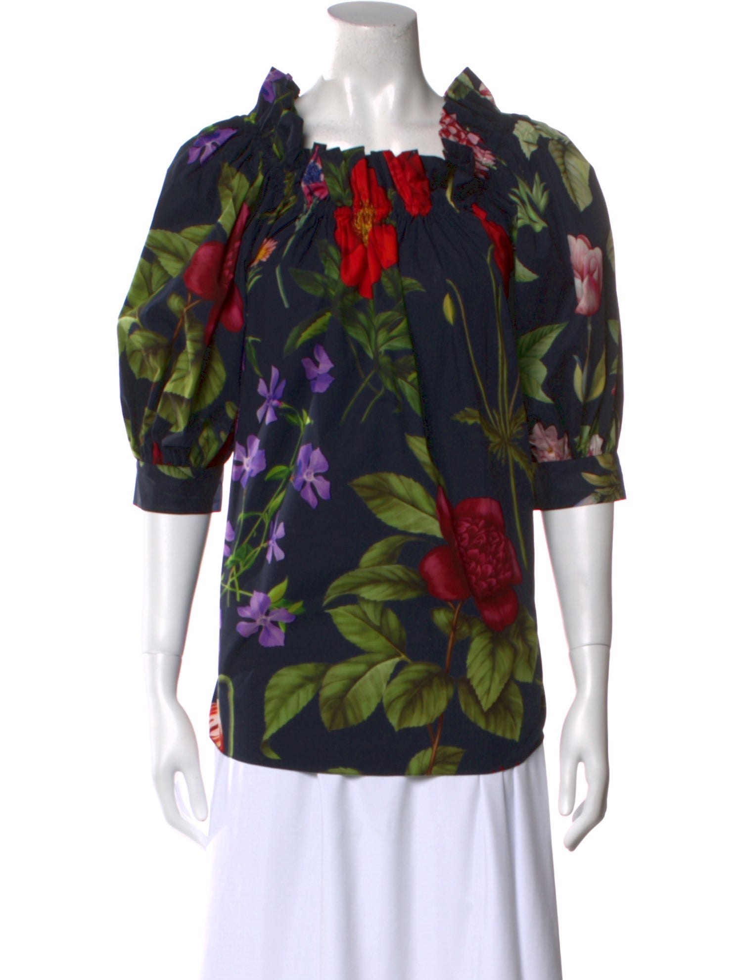 Oscar de la Renta Floral Print Square Neckline Blouse