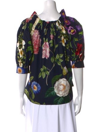 Oscar de la Renta Floral Print Square Neckline Blouse