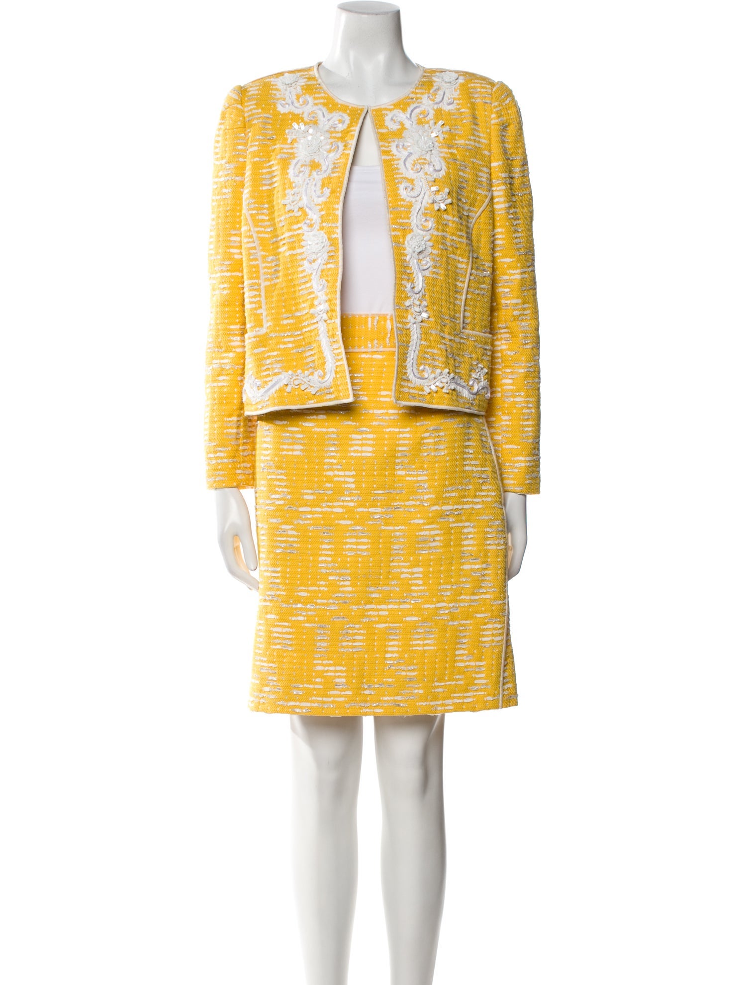 Oscar de la Renta Tweed Pattern Bow Accents Skirt Suit