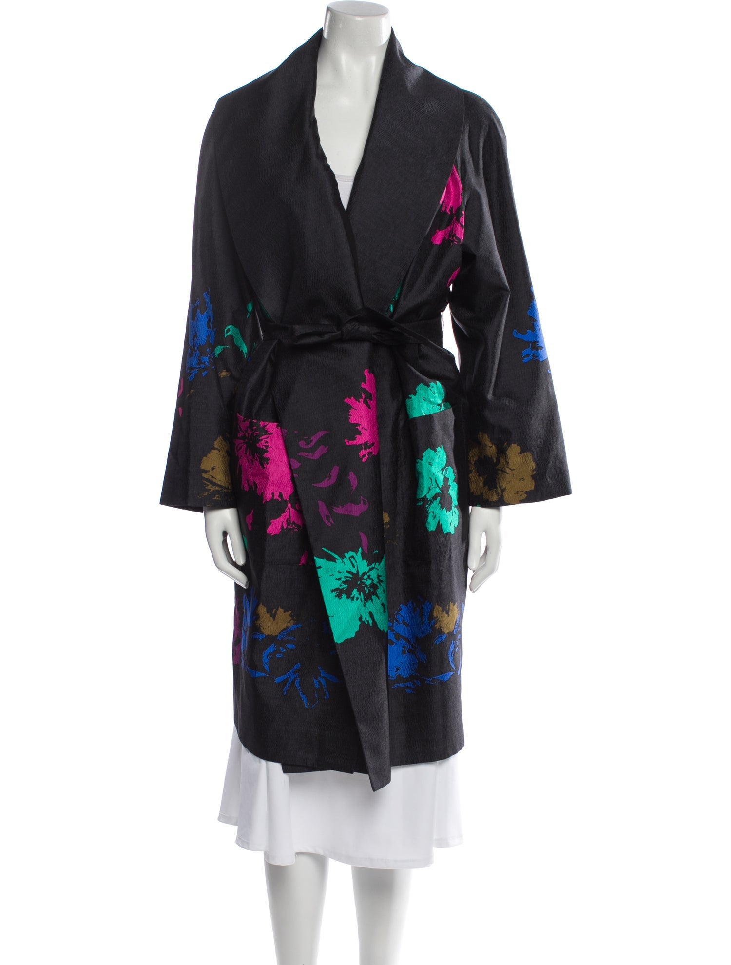 Oscar de la Renta Linen Floral Print Trench Coat