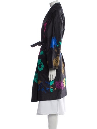 Oscar de la Renta Linen Floral Print Trench Coat