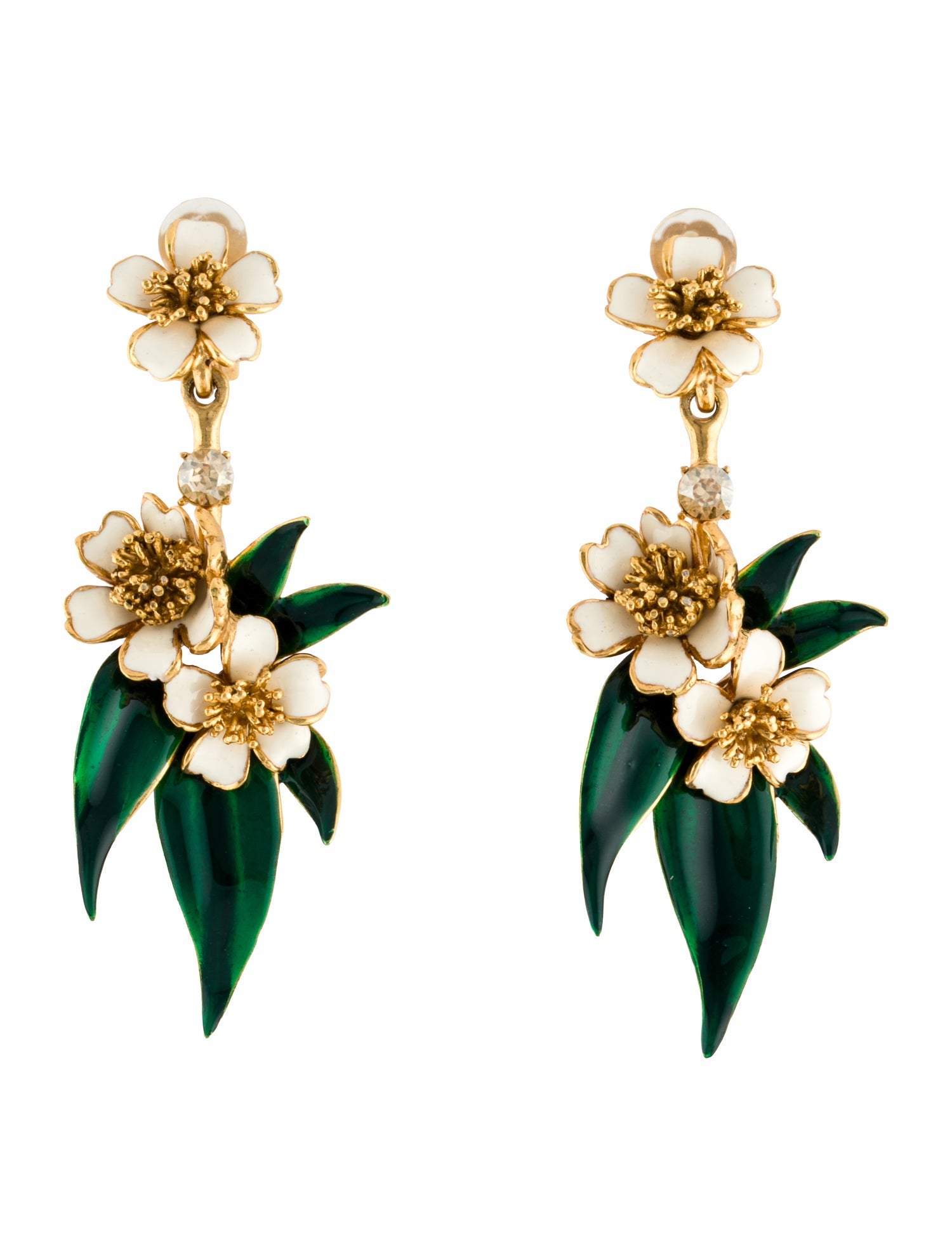 Oscar de la Renta Crystal & Enamel 'Delicate Flower' Drop Clip-On Earrings