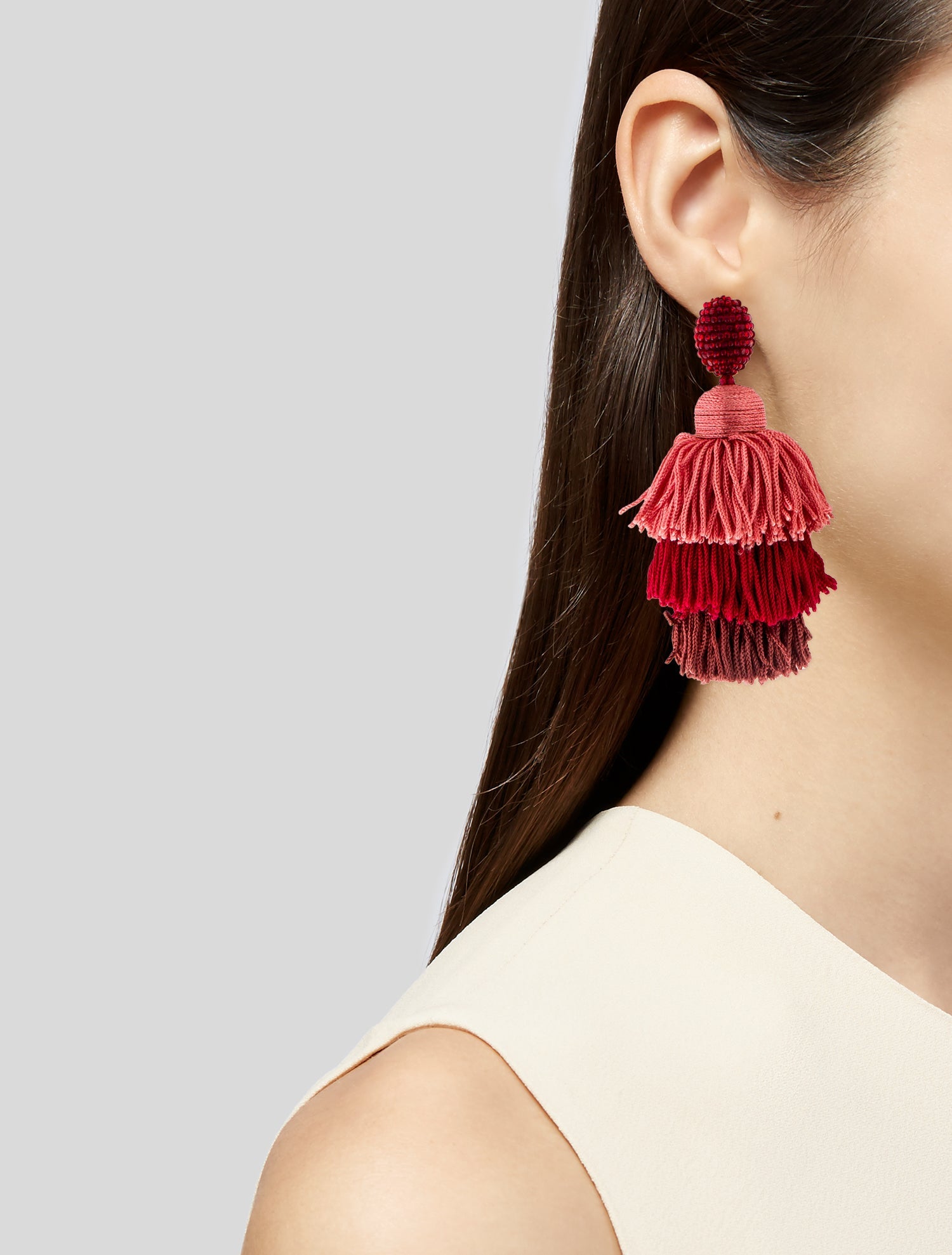 Oscar de la Renta Silk Cord & Beaded Tiered Clip-On Tassel Earrings